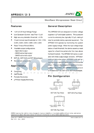 APR3021-43AC-TR datasheet - 4.38 V, micropower microprocessor reset circuit