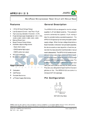 APR3102-15BC-TR datasheet - 1.5 V, micropower microprocessor reset circuit with manual reset