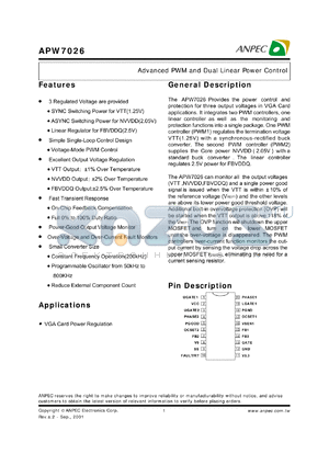 APW7026-12KC-TU datasheet - 1.25 V,advanced PWM and dual linear power controller