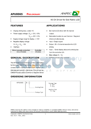 APU0065YE-TY datasheet - 0.3-7 V, 40 CH driver for dot matrix LCD