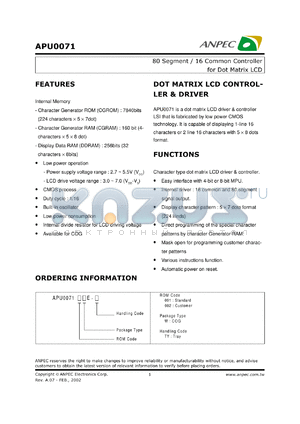 APU0071-001WE-TY datasheet - 16 COM/80 SEG controller for dot matrix LCD
