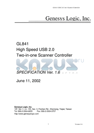 GL841 datasheet - 3.3 V, high speed USB 2.0 two-in-one scanner controller