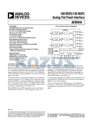 AD9884AKS-100 datasheet - 3.3 V, 100 MSPS analog flat panel interface