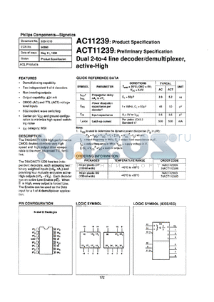 74ACT11239D datasheet - 5 V, dual 2-to-4 line decoder/demultiplexer, active-high