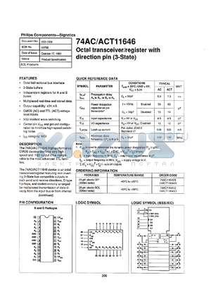 74AC11646N datasheet - 5 V, octal transceiver/register with direction pin (3-state)