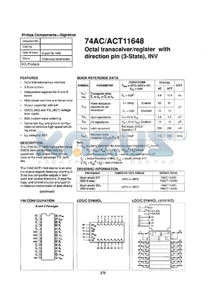 74AC11648N datasheet - 5 V, octal transceiver/register with direction pin (3-state), INV