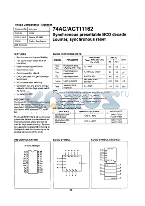 74AC11162N datasheet - 5 V, synchronous presettable synchronous BCD decade counter, asynchronous reset