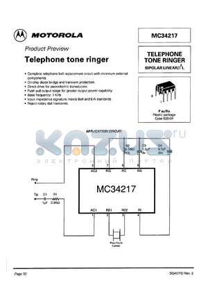 MC34217P datasheet - Telephone tone ringer.