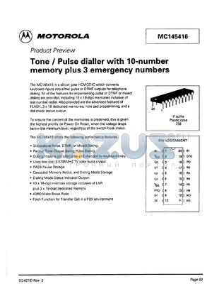 MC145416P datasheet - Tone/pulse dialler with 10-number memory plus 3 emergency numbers.