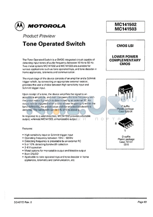 MC141502P datasheet - Tone operated switch. CMOS LSI. Lower power complementary CMOS.