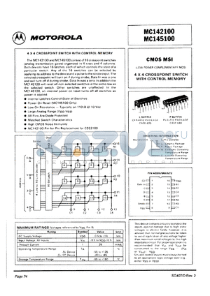 MC142100CP datasheet - CMOS MSI. 4x4 crosspoint switch with control memory.