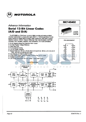 MC145402L datasheet - Serial 13-bit linear codec (A/D and D/A).