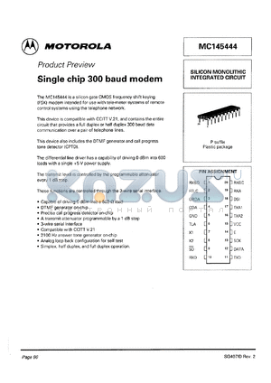 MC145444P datasheet - Single chip 300 baud modem.