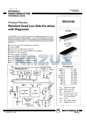 MC33195PDW datasheet - Standard quad low side pre-driver with diagnostic.