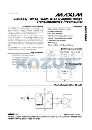 MAX3864D datasheet - +3 to +5.5 V, 2.5 Gbp wide dynamic range transimpedance preamplifier