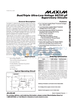 MAX6717UKSVD3-T datasheet - Vcc1: 2.925 V, Vcc2: 1.575 V, active timeout period: 140 ms-280 ms, dual/triple ultra-low-voltage SOT23 mP supervisor circuit