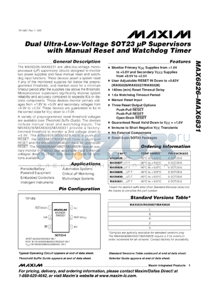 MAX6827VUT-T datasheet - 1.58 V, dual ultra-low-voltage mP supervisor with manual reset and watchdog timer