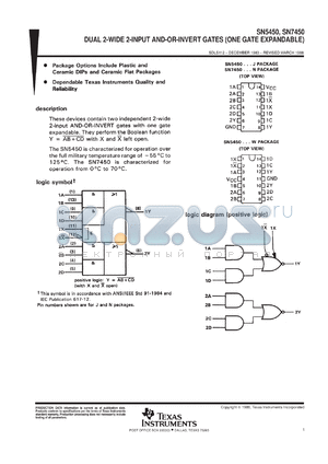 SN7450W datasheet - DUAL 2-WIDE 2-INPUT AND-OR-INVERT GATES (ONE GATE EXPANDABLE)