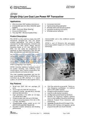 CC1100-RTR1 datasheet - Single Chip Low Cost Low Power RF Transceiver