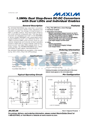 MAX8667ETEJS+ datasheet - 1.5MHz Dual Step-Down DC-DC Converters with Dual LDOs and Individual Enables