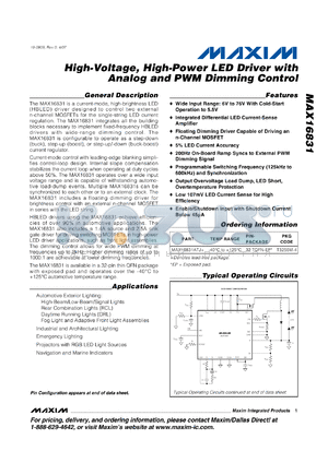 MAX16831ATJ datasheet - High-Integration, High-Power LED Driver Simplifies Design, Allows for Wide-Range Dimming Control, and Minimizes EMI
