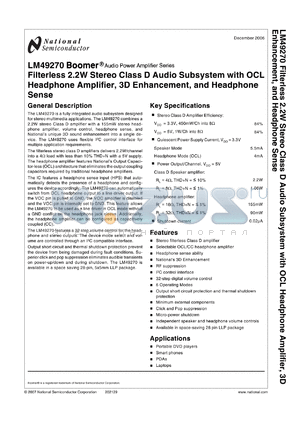 LM49270SQX datasheet - Filterless 2.2W Class D Audio Subsystem with OCL Headphone Amplifier, 3D Enhancement, and Headphone Sense