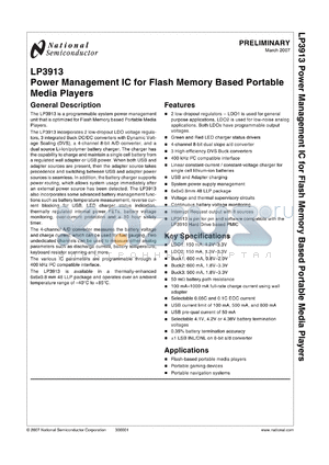 LP3913SQX-AA datasheet - Power Management IC for Flash Memory Based Portable Media Players