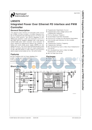 LM5070 datasheet - Integrated Power Over Ethernet PD Interface and PWM Controller
