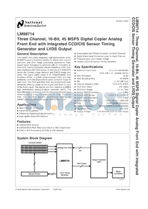 LM98714 datasheet - Three Channel, 16-Bit, 45 MSPS Digital Copier Analog Front End with Integrated CCD/CIS Sensor Timing Generator and LVDS Output