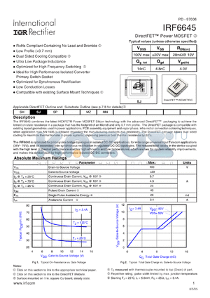 IRF6645TR1PBF datasheet - A 100V Single N-Channel HEXFET Power MOSFET in a DirectFET SJ package rated at 25 amperes optimized with low on resistance for applications such as active ORing