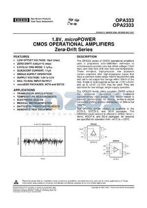 OPA2333AIDRBRG4 datasheet - .8V, 17uA, 2uV, microPOWER CMOS Zero-Drift Series Operational Amplifier
