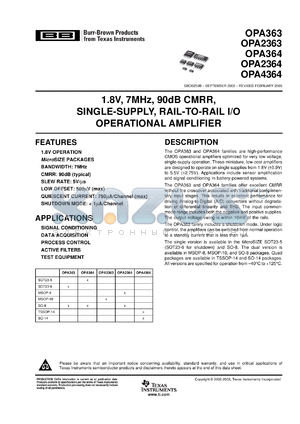 OPA364IDBVRG4 datasheet - 1.8V, High CMR, RRIO Op Amp with Shutdown 1.8V, High CMR, RRIO Op Amp