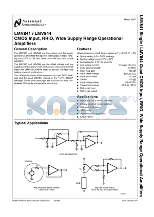LMV841 datasheet - CMOS Input, RRIO, Wide Supply Range Operational Amplifiers