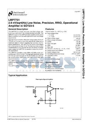 LMP7731 datasheet - 2.9 nV/sqrt(Hz) Low Noise, Precision , RRIO, Operational Amplifier in SOT23-5