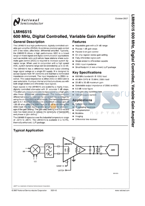 LMH6515 datasheet - 600 MHz, Digital Controlled, Variable Gain Amplifier from the PowerWise^ Family