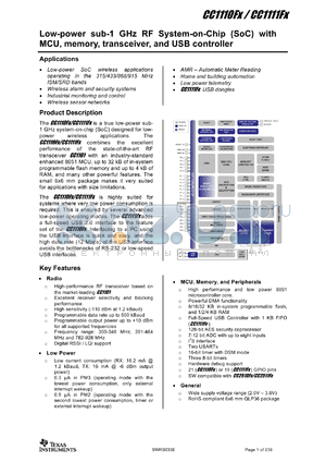 CC1111F16 datasheet - Low-power sub-1 GHz RF System-on-Chip (SoC) with MCU, memory, transceiver, and USB controller