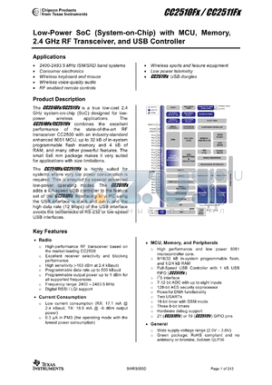 CC2511 datasheet - Low-Power SoC (System-on-Chip) with MCU, memory, 2.4 GHz RF Transceiver, and USB (Rev. D)