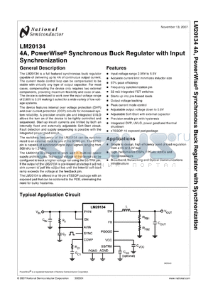 LM20134 datasheet - 4A, PowerWise^ Synchronous Buck Regulator with Input Synchronization