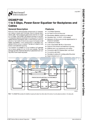 DS38EP100SD datasheet - 1 to 5 Gbps, Power-Saver Equalizer for Backplanes and Cables from the PowerWise^ Family