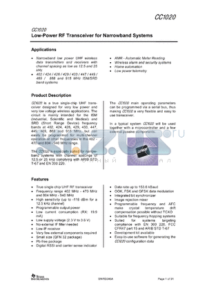 CC1020RSSR datasheet - Single-Chip FSK/OOK CMOS RF Transceiver for Narrowband Apps in 402-470 and 804-940 MHz Range
