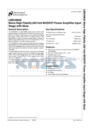 LME49830 datasheet - Mono High Fidelity 200 Volt MOSFET Power Amplifier Input Stage with Mute