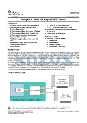 SN75DP122RTQR datasheet - DisplayPort 1:2 Switch with Integrated TMDS Translator