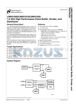 LMK01000 datasheet - 1.6 GHz High Performance Clock Buffer, Divider, and Distributor