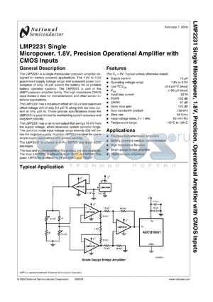 LMP2231 datasheet - Single Micropower, 1.8V, Precision Operational Amplifier with CMOS Inputs from the PowerWise^ Family