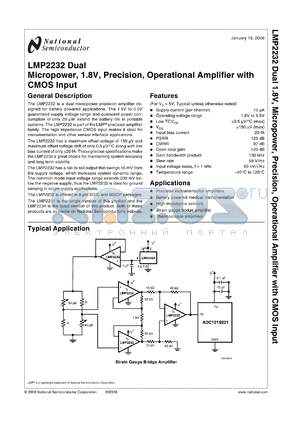 LMP2232BMA datasheet - Dual, Micropower, 1.8V, Precision , Operational Amplifier with CMOS Input from the PowerWise^ Family