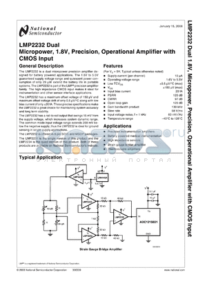 LMP2232BMAX datasheet - Dual, Micropower, 1.8V, Precision , Operational Amplifier with CMOS Input from the PowerWise^ Family