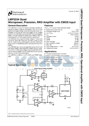 LMP2234 datasheet - Quad Micropower, Precision, RRO, Operational Amplifier with CMOS Input from the PowerWise^ Family