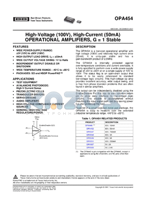 OPA454AIDDARG4 datasheet - High Voltage (100V), High-Current (50mA) OPERATIONAL AMPLIFIERS, G=1 Stable