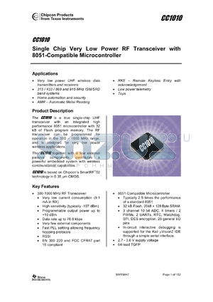 CC1010PAGR datasheet - Integrated 300-1000 MHz RF Transceiver and Microcontroller