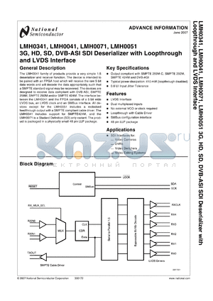 LMH0341SQE datasheet - 3G, HD, SD, DVB-ASI SDI Deserializer with Loopthrough and LVDS Interface